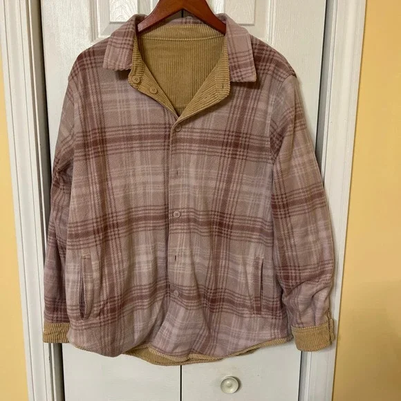Love Tree Women's Tan Corduroy Pink Flannel Reversible Shacket Pockets XL - Picture 4 of 7